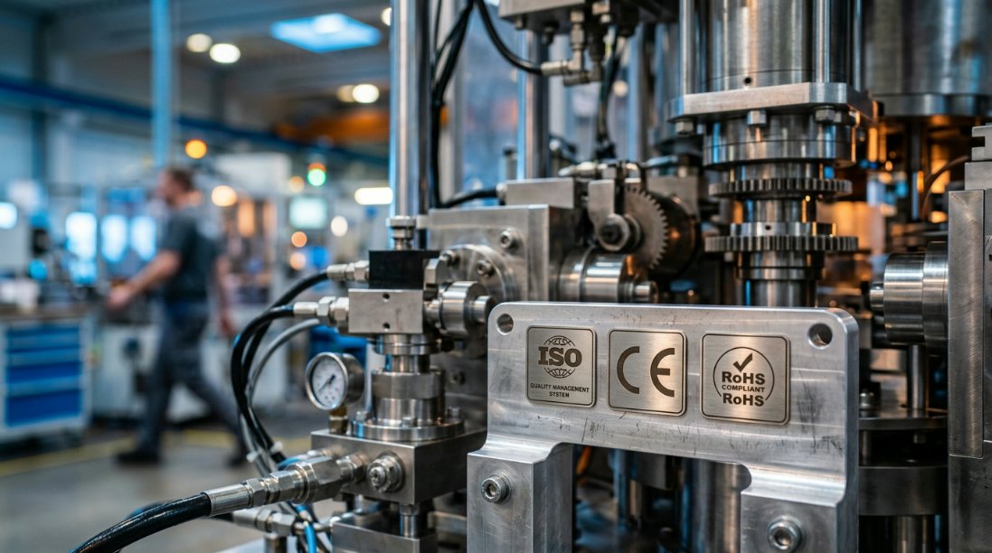 A collage of official certification logos including ISO 9001, CE, and RoHS, overlaying a background of high-quality industrial manufacturing equipment.