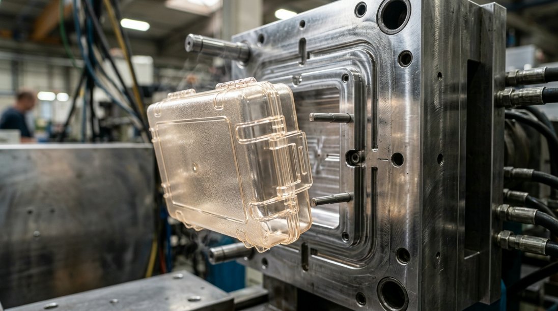 Close-up of a finished plastic storage case being ejected from a high-precision mold
